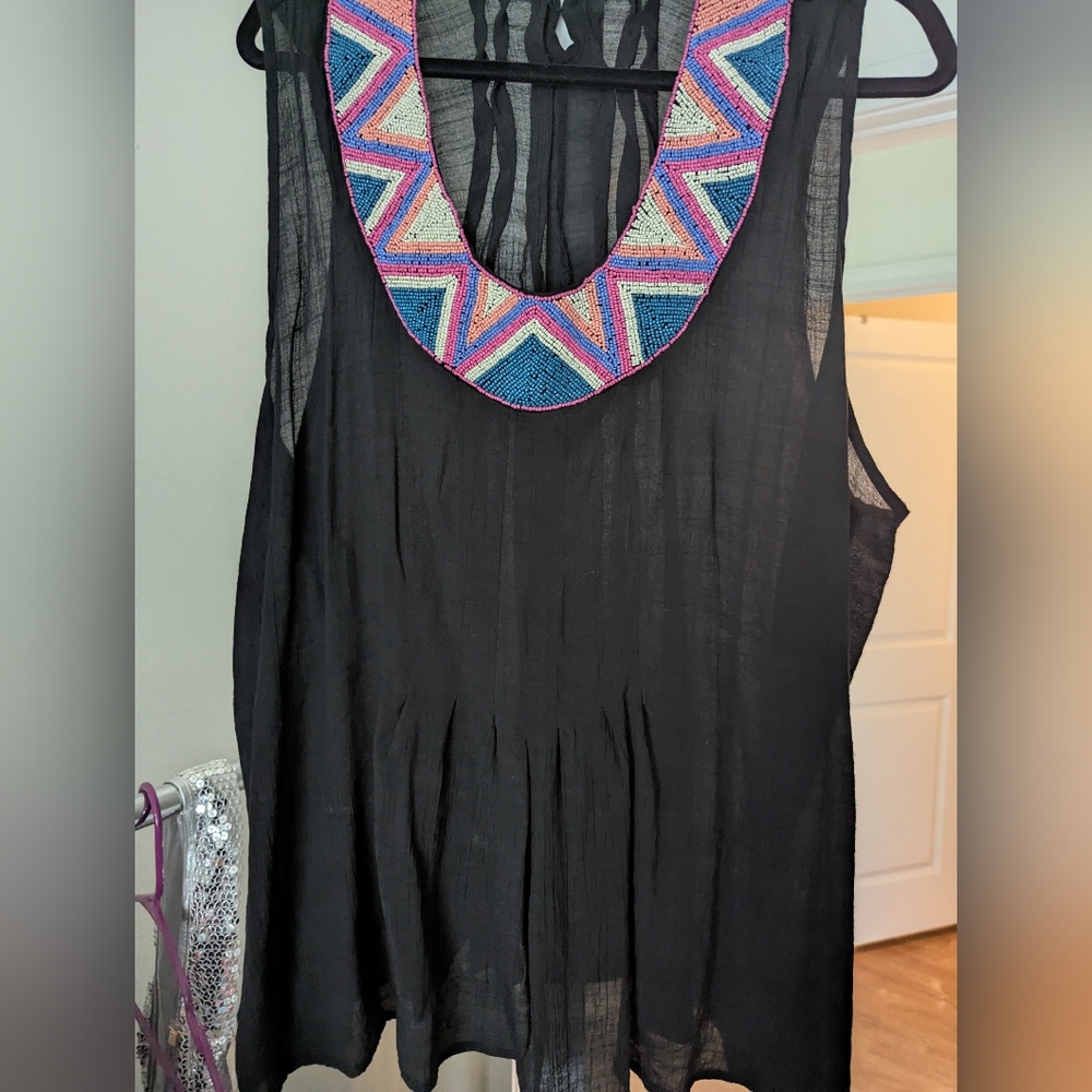 Wrangler Black Sleeveless Blouse with Colorful Beaded Neckline